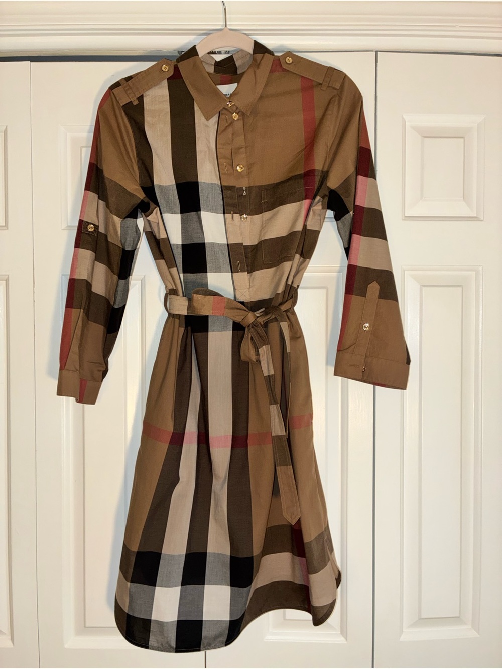 Burberry plaid shirt dress with belt, sz 8 great condition